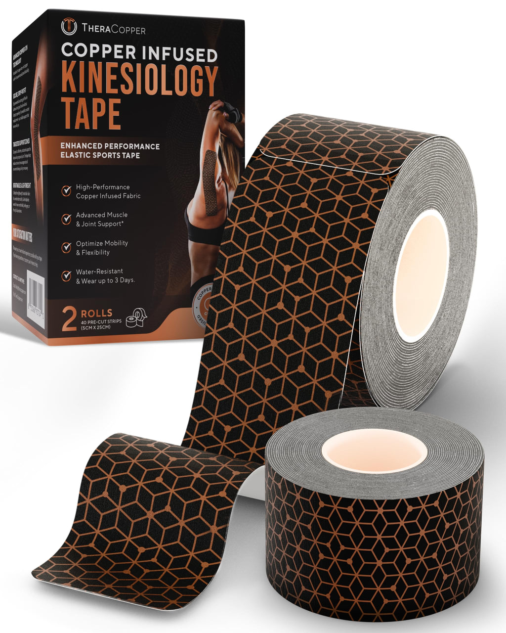 Copper Infused Kinesiology Tape – 2 Rolls (40 Precut Strips)